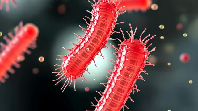 Magnified red bacteria rotate and float through a liquid environment