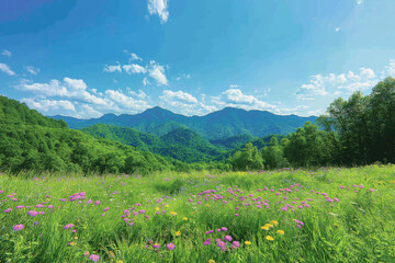 Fototapeta premium Mountain Meadow Panorama: Vibrant Wildflowers Under a Summer Sky