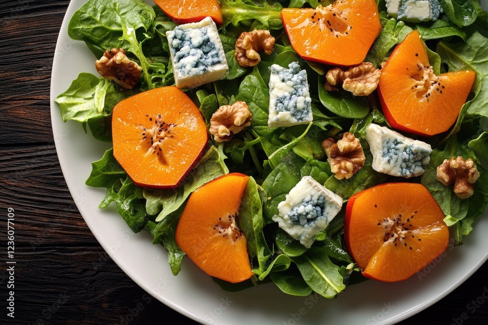 Sticker A fresh and healthy salad of oranges and blue cheese on a white plate, perfect for a light lunch or dinner