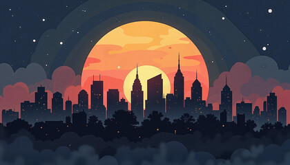 Fototapeta premium Vibrant city skyline at sunset, artistic urban landscape