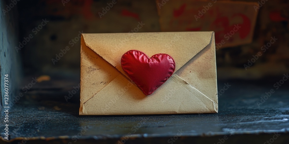 Poster a red heart symbol sits on top of a white envelope, perfect for expressing love and affection