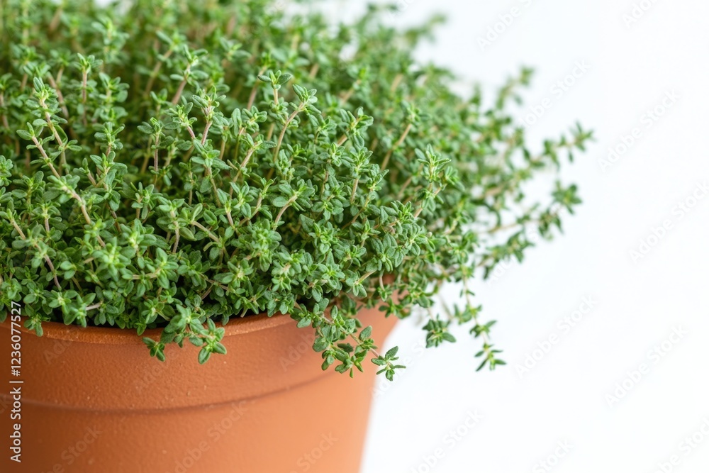 Poster close-up shot of a potted thyme plant on a white background, ready for use in various designs and co