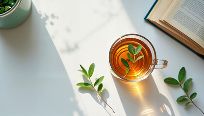Herbal tea in glass cup with leaves; cozy morning light, relaxation and wellness concept