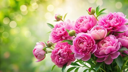 Obraz premium Vibrant pink peonies arranged in a lush bouquet against a soft white background, with delicate green stems and leaves, amidst a whimsical garden setting, blooms, blossoms