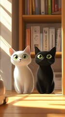 Big-eyed alternating black-and-white cats exploring a spacious and tidy house, their antics creating adorable moments.