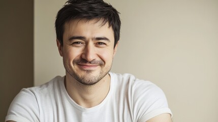 Fototapeta premium Happy man smiling indoors, neutral background, headshot portrait