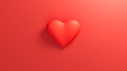 Red heart with soft shadow on a red background. Valentine's day romantic backdrop. 3d render illustration.