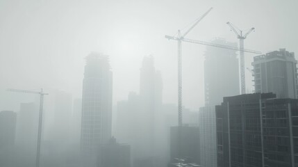 Fototapeta premium Foggy city construction, cranes, skyscrapers, hazy skyline, urban development