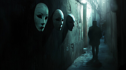 Mysterious alleyway with masks and a solitary figure.