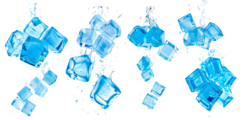 flying ice cubes with water splash isolated on white or transparent