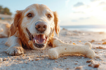 Golden retriever enjoying beach time with a bone at sunset