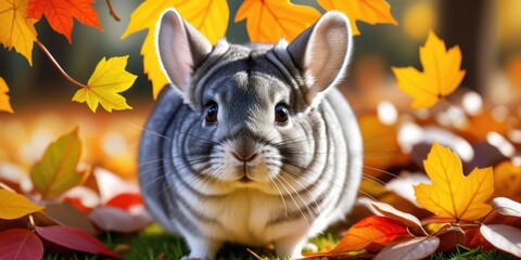 Adorable chinchilla surrounded by vibrant autumn leaves in a sunlit forest