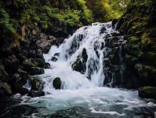 Naklejka premium Serenity Flow: Lush Forest Waterfall Oasis