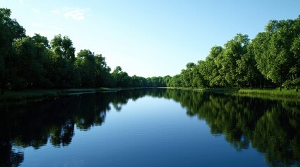 Fototapeta premium A tranquil river flows through a vibrant landscape, surrounded by dense greenery and clear blue skies. The water mirrors the trees, creating a serene atmosphere ideal for relaxation