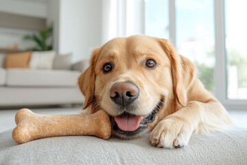 Golden retriever relaxing indoors with a chew toy bone on a cozy day