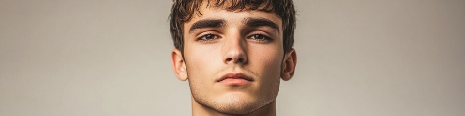 Fototapeta premium A man's face and neck, wearing a suit and tie, looking formal