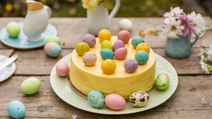 Colorful easter egg cake on wooden table with flowers in spring garden setting.