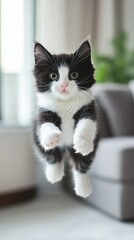 Cute black-and-white furred cats with silly expressions, jumping around a clean and cozy living room, bathed in natural light.