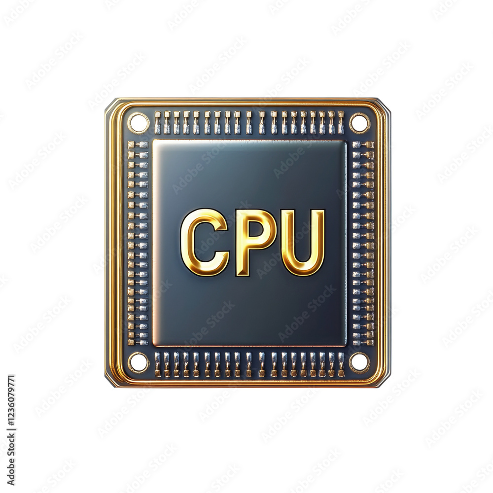 Poster A stylized 3D rendering of a central processing unit with a gold frame and pins.