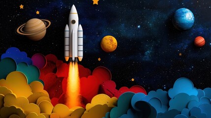 Naklejka premium A rocket ascends through colorful clouds into space, surrounded by planets and twinkling stars. The vivid colors create a playful and imaginative atmosphere, inspiring wonder