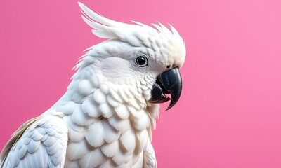 Majestic white cockatoo against a vibrant pink background
