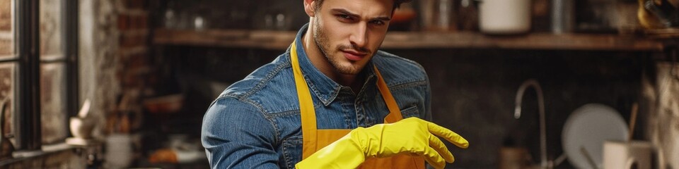 Fototapeta premium A person wearing an apron holds a bright yellow glove, possibly for cleaning or crafting