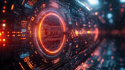 Fototapeta premium A glowing core showcasing dynamic circuit energy bursts. Generative AI