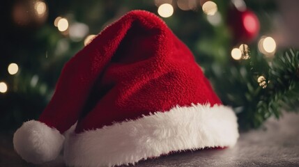 Santa hat on a table next to a Christmas tree, perfect for holiday decorations or advertising