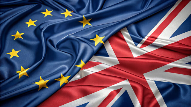 European Union and United Kingdom Flags Intertwined Symbolizing Relations and Brexit - Powered by Adobe