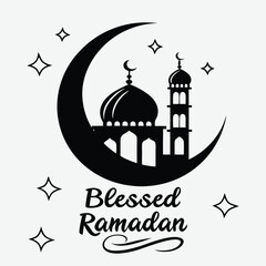 A crescent moon cradling a mosque silhouette, with "Blessed Ramadan" written in a flowing script  image vector art and illustration