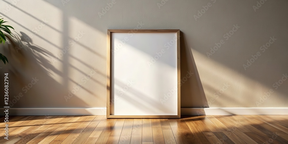 Aufkleber sunlight streaming through a window casts shadows on a wall and hardwood floor, illuminating a blank