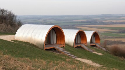 Obraz premium Hillside metal cabins, scenic rural view, vacation rental