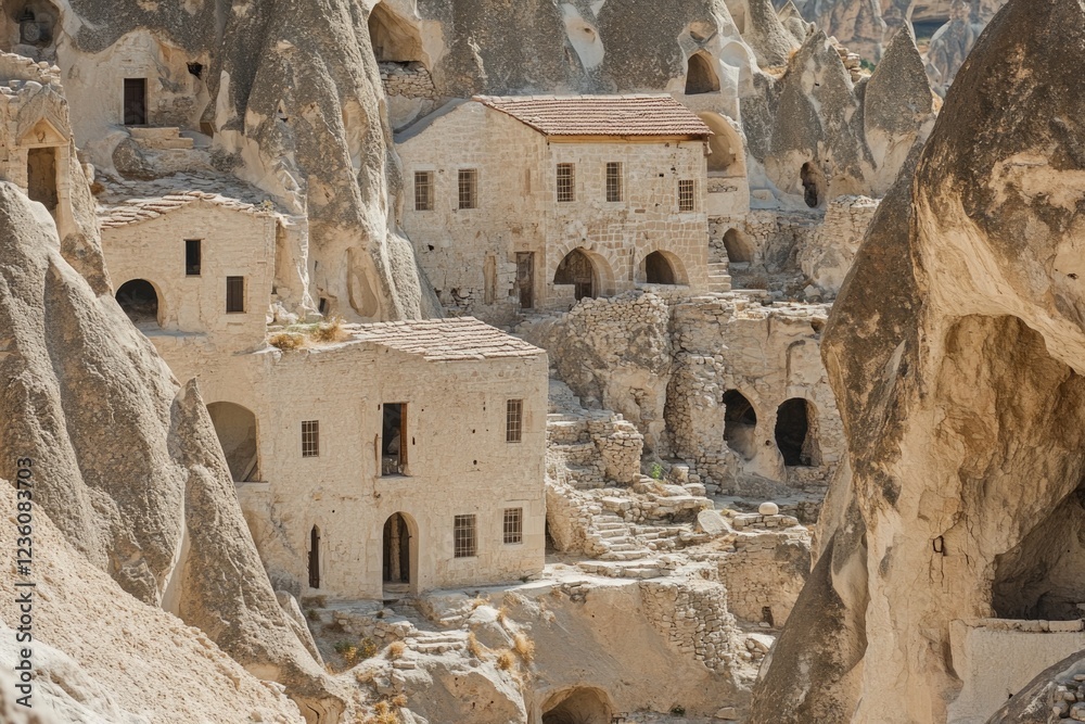 Poster a group of buildings built into the side of a mountain, possibly an ancient settlement or modern res
