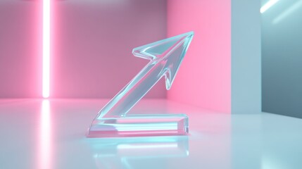 Glass arrow pointing up in neon pink blue room