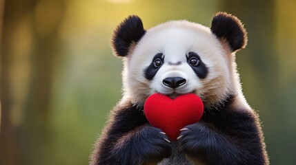 Fototapeta premium A cuddly panda bear grasping a bright red heart, perfect for Valentine's Day or love-themed illustrations