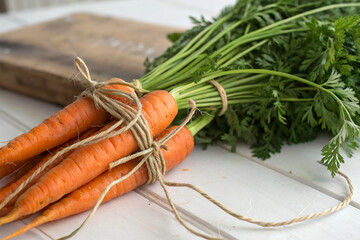 A bundle of carrots with their green tops tied with twine