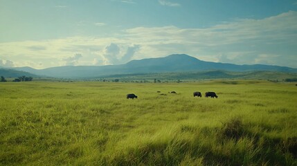 Bison grazing peacefully in a vast green field under a cloudy blue sky