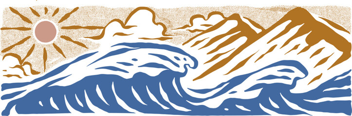 Landscape drawing ocean waves illustration