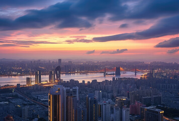 Fototapeta premium Majestic Sunset Over Urban Skyline and River