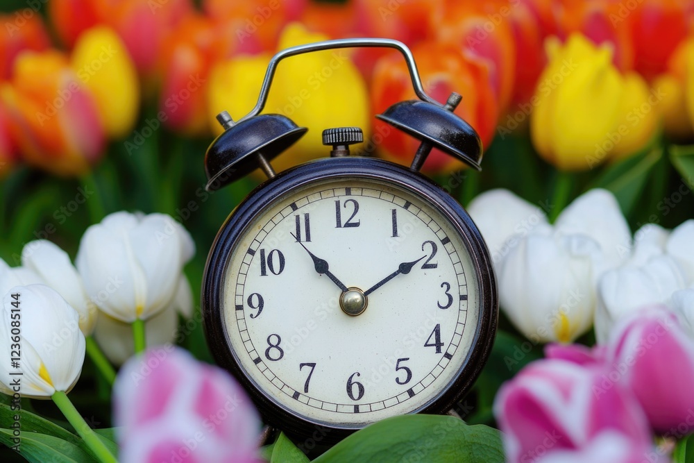 Poster a black alarm clock sits amidst a field of colorful tulips, perfect for use in designs related to mo