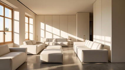 Modern minimalist living room with natural light and soft white furniture in a spacious contemporary interior