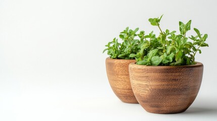 Two potted herbs with vibrant green leaves on white background