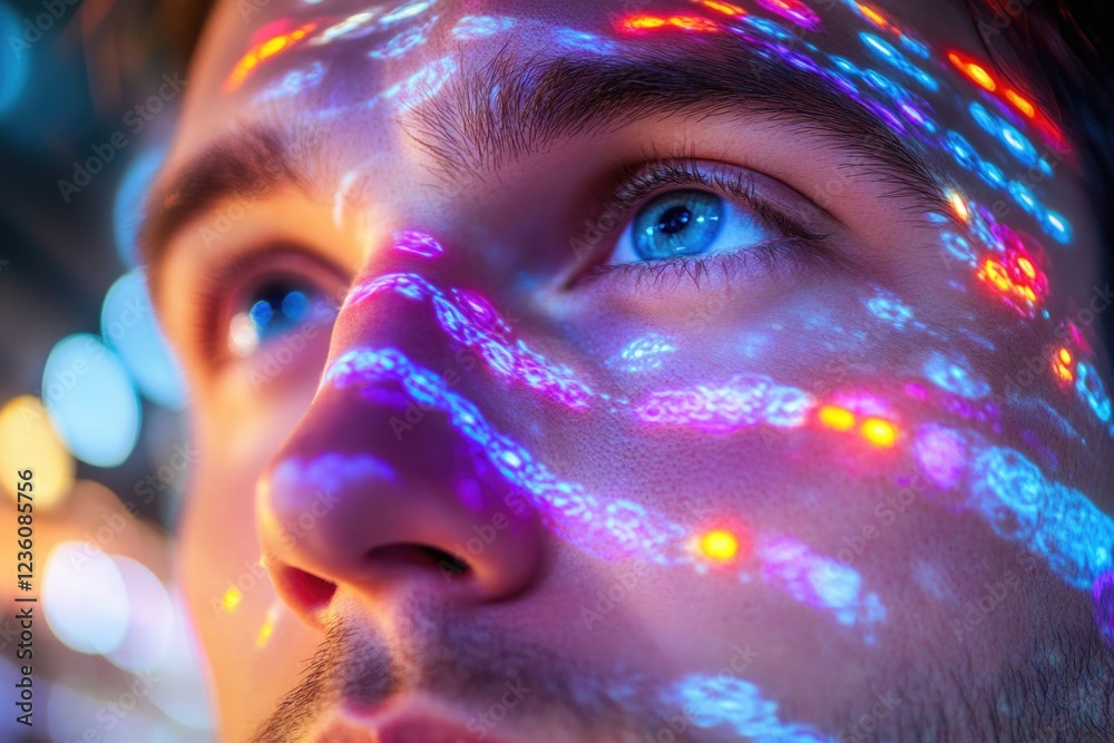 Poster A close-up shot of a person with a light source shining on their face, creating a unique and dramatic effect