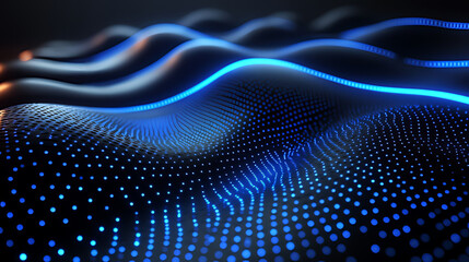Abstract blue digital wave flowing on dark background; tech design