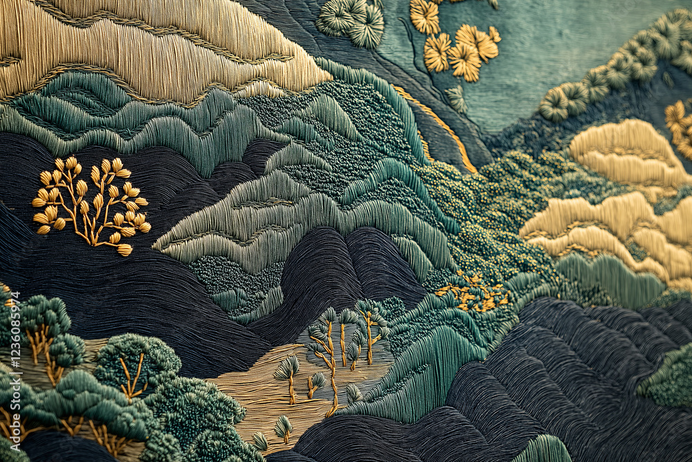 Wall mural A fabric-textured design where landscapes are woven in intricate embroidery