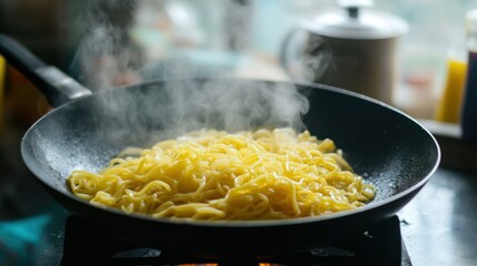 Yellow noodles in a frying pan, perfectly sauted with fresh garlic, chili flakes, and a dash of lime.