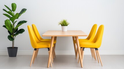 Modern Minimalist Dining Area with Yellow Chairs and Plants