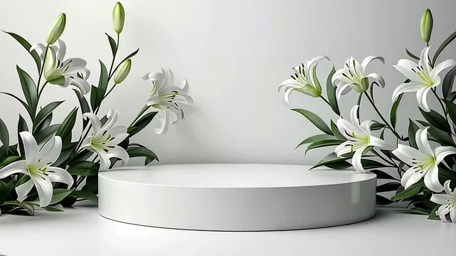White lilies with green leaves beautifully encircle an elegant round pedestal, symbolizing purity and Easter