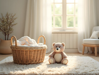 Charming Newborn Baby Room Concept: Cozy Wicker Basket, Adorable Stuffed Bear, and Natural Sunlight for a Serene Ambiance