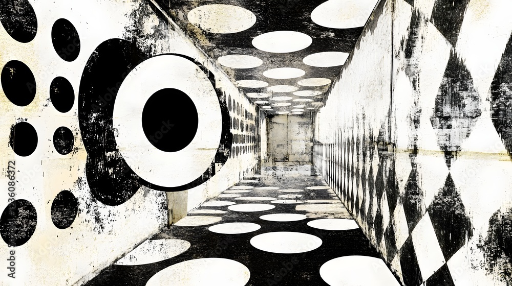 Aufkleber a captivating black and white image showcasing a surreal futuristic architectural corridor with a me